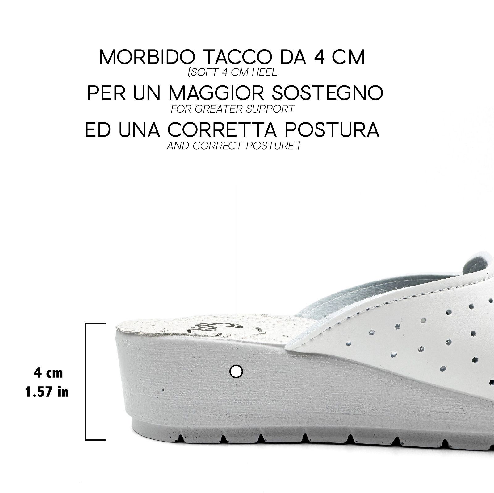 Primo piano di sandalo bianco. Tacco da 4 cm. Testo: 'Morbido tacco da 4 cm'.