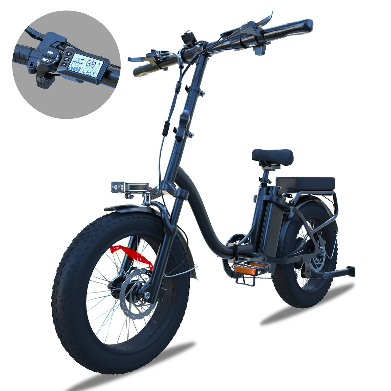 Bicicletta elettrica pieghevole nera. Pneumatici larghi, freni a disco, display digitale sul manubrio.