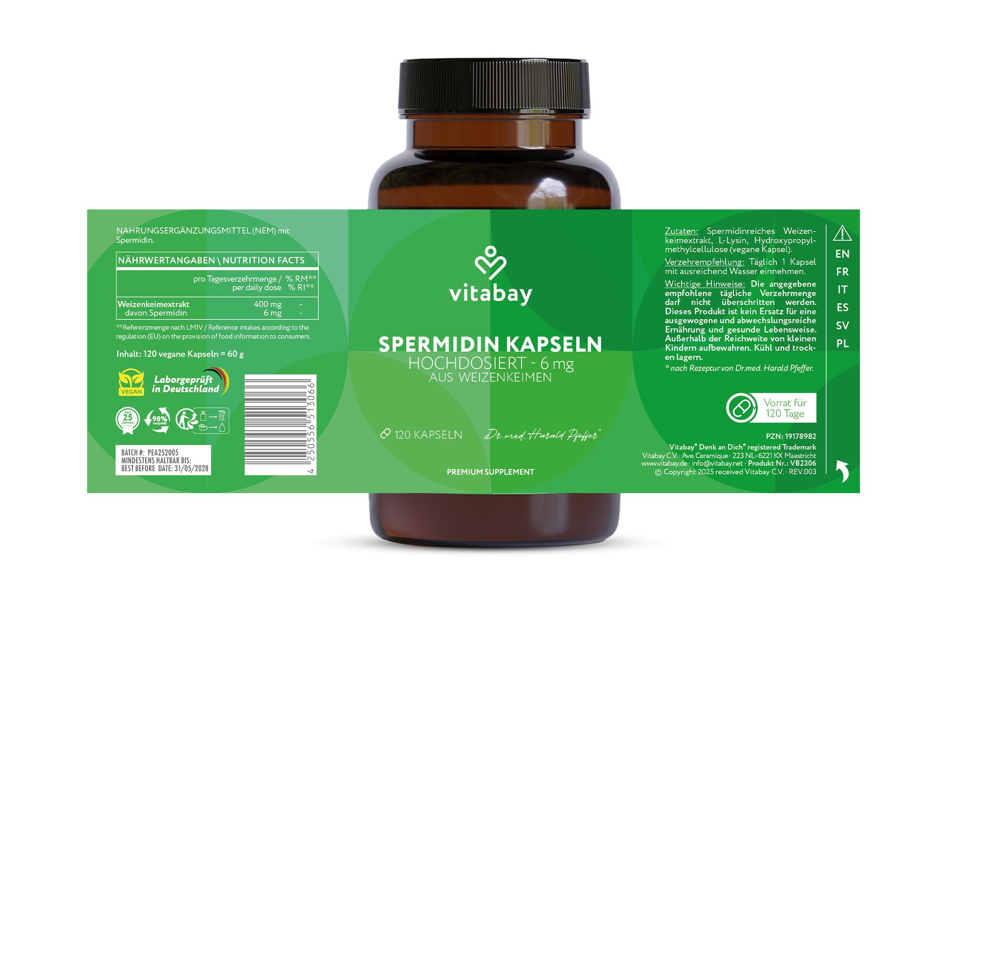 Una bottiglia con etichetta verde. Testo: Capsule di spermidina ad alta dose - 6 mg da germe di grano. 120 capsule. Logo Vitabay.