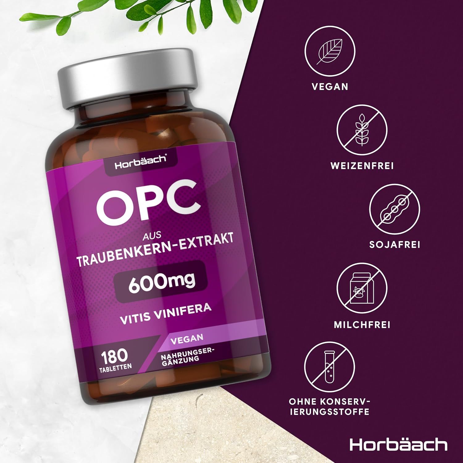 Flacone marrone con etichetta viola. Testo: OPC, 600mg, 180 compresse. Vegano. Horbaach. Simboli.