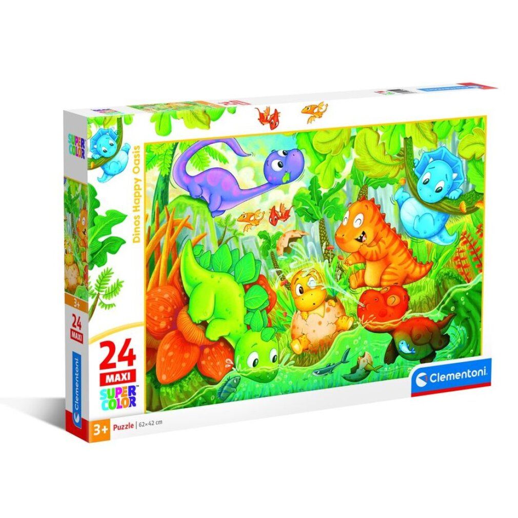 Confezione del puzzle. Mostra il puzzle finito con i dinosauri. Marchio Clementoni, 24 pezzi, Maxi.