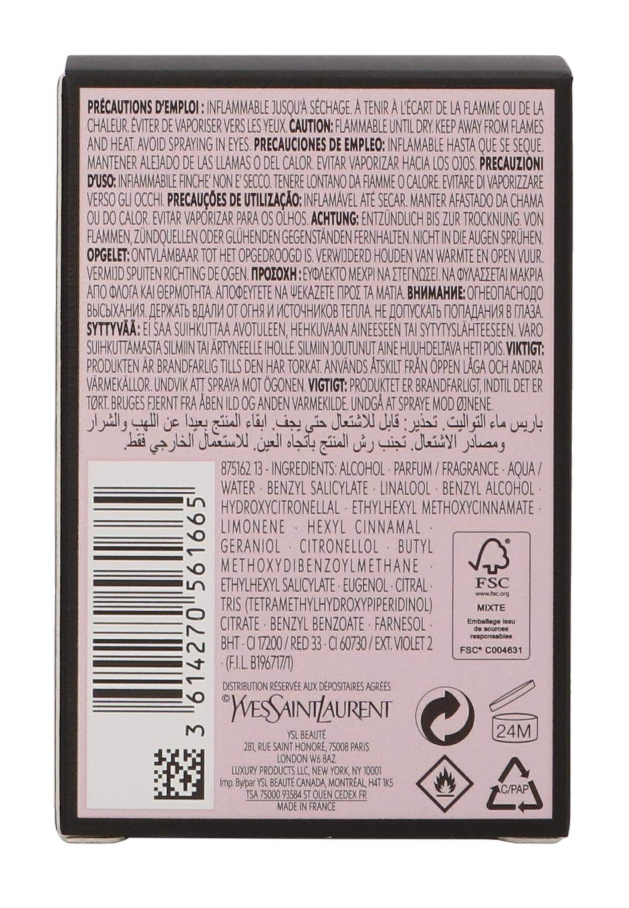 Retro della confezione del prodotto. Testo multilingue. Ingredienti, avvertenze, simbolo di riciclaggio.