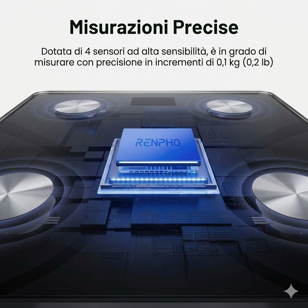 Primo piano della bilancia. Quattro sensori visibili. La parola RENPHO su un chip blu.