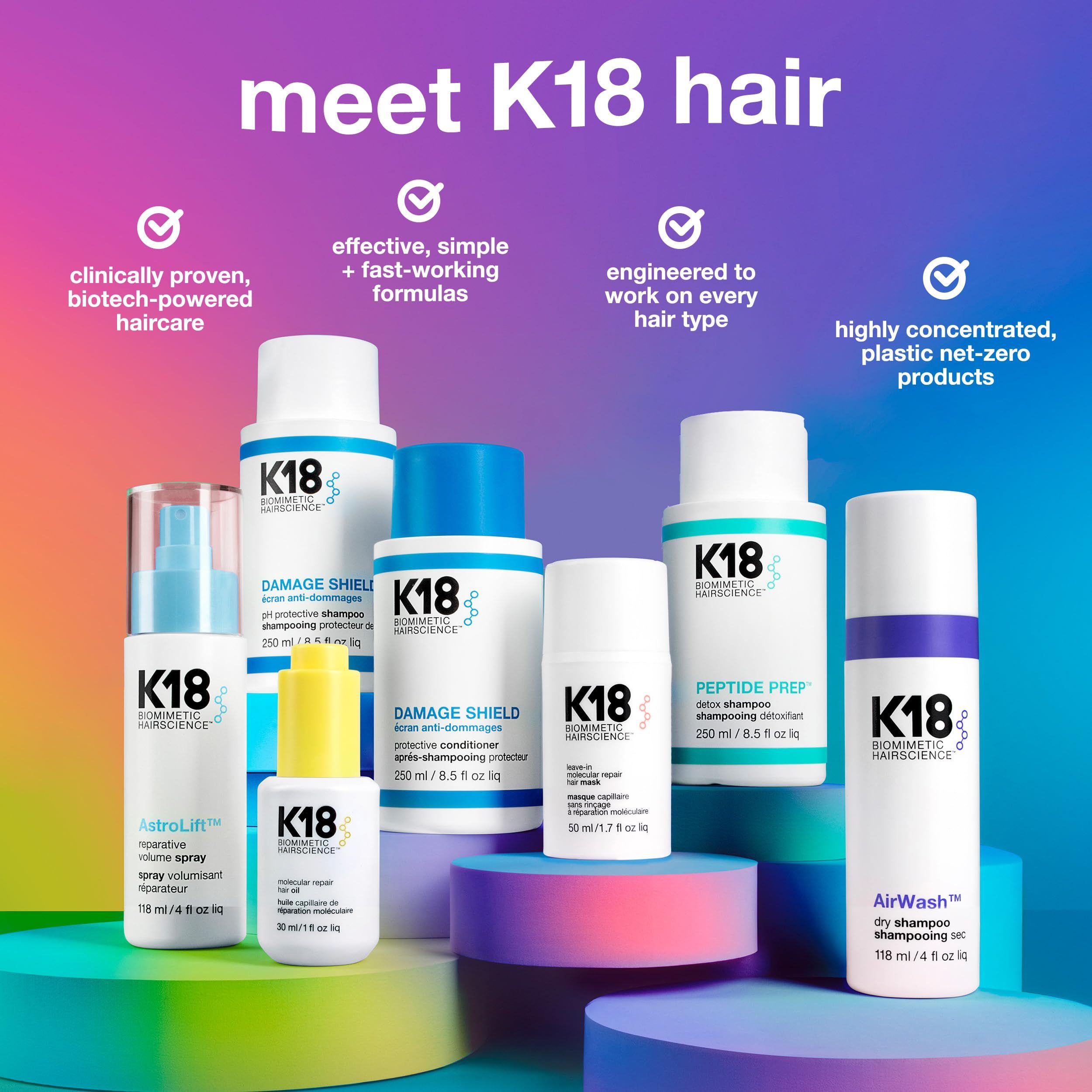 Vari prodotti per capelli K18. Flaconi e spray. Include lo shampoo Peptide Prep. Scritta: meet K18 hair.