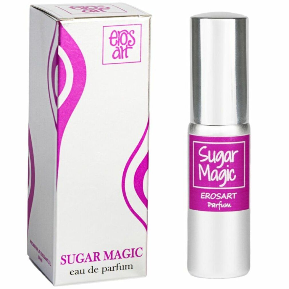 Flacone bianco con scritta rosa Sugar Magic ed Eros Art. Accanto, una scatola bianca con design e scritta viola.