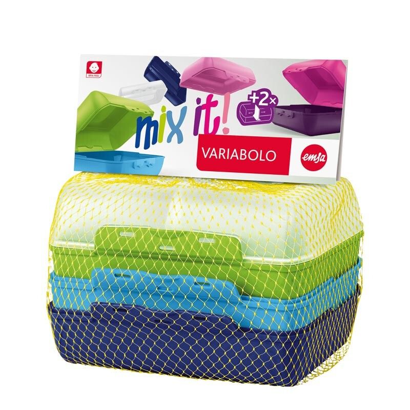 Contenitori per alimenti multicolore in confezione a rete. Scatola con nome e logo del prodotto. Contiene più contenitori.