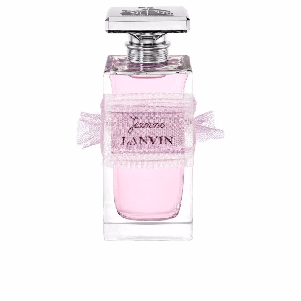 Flacone in vetro con liquido rosa. Tappo argentato. Nastro rosa con scritta: Jeanne LANVIN.