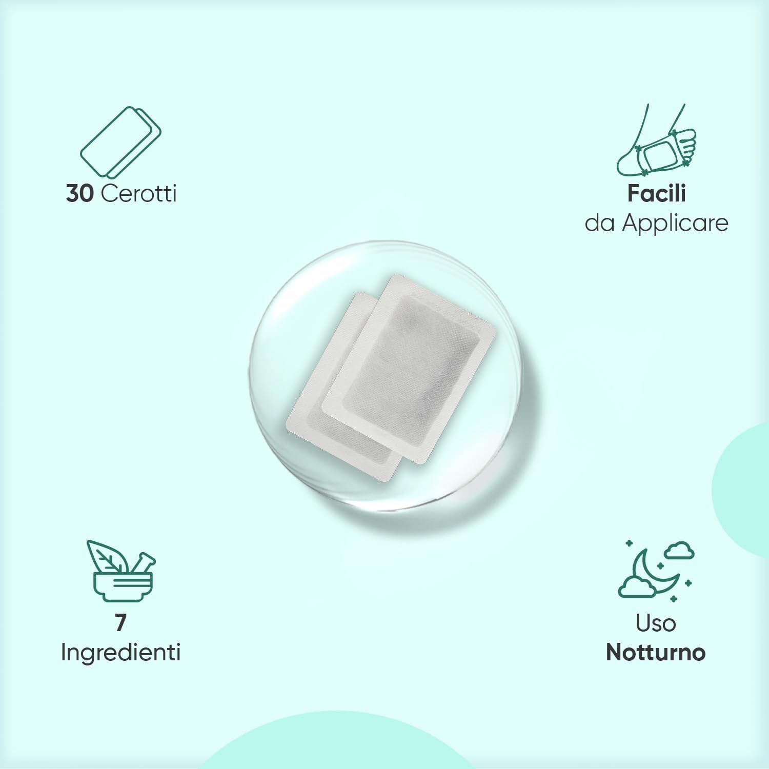 Due cerotti per i piedi su una superficie di vetro. Simboli: 30 cerotti, facile da applicare, 7 ingredienti, uso notturno.