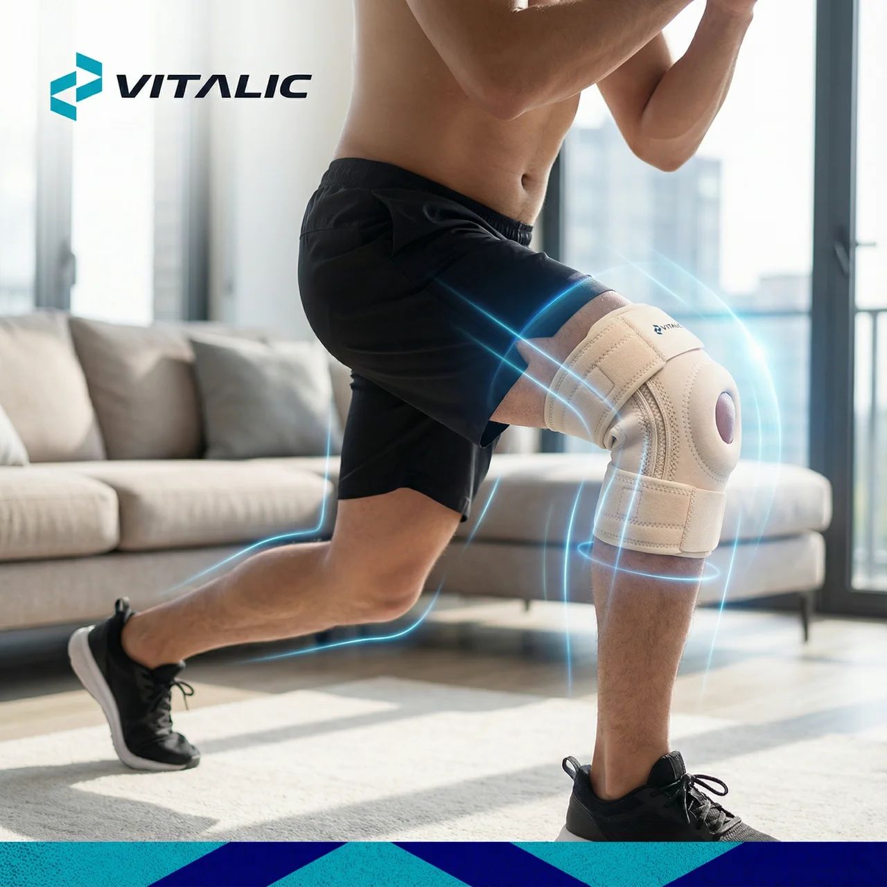 Ginocchiera beige su gamba durante l'allenamento. Logo VITALIC in alto a sinistra.