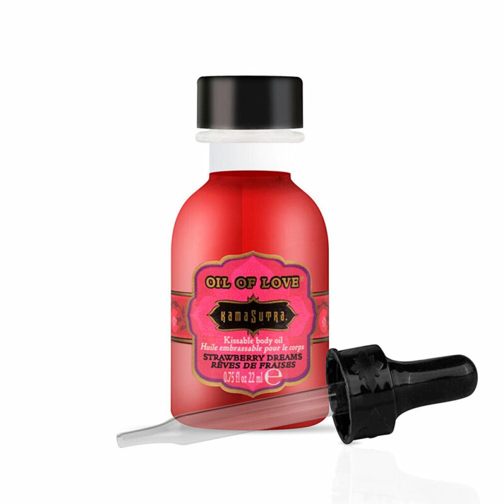 Flacone di vetro rosso con tappo nero e pipetta. Scritta: OIL OF LOVE, Strawberry Dreams.