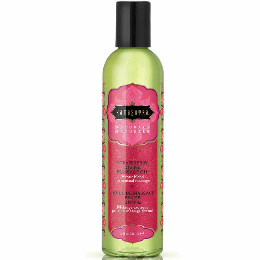 Flacone verde con tappo nero. Etichetta rosa con "Kama Sutra Naturals" e "Fragola". Olio per massaggi.
