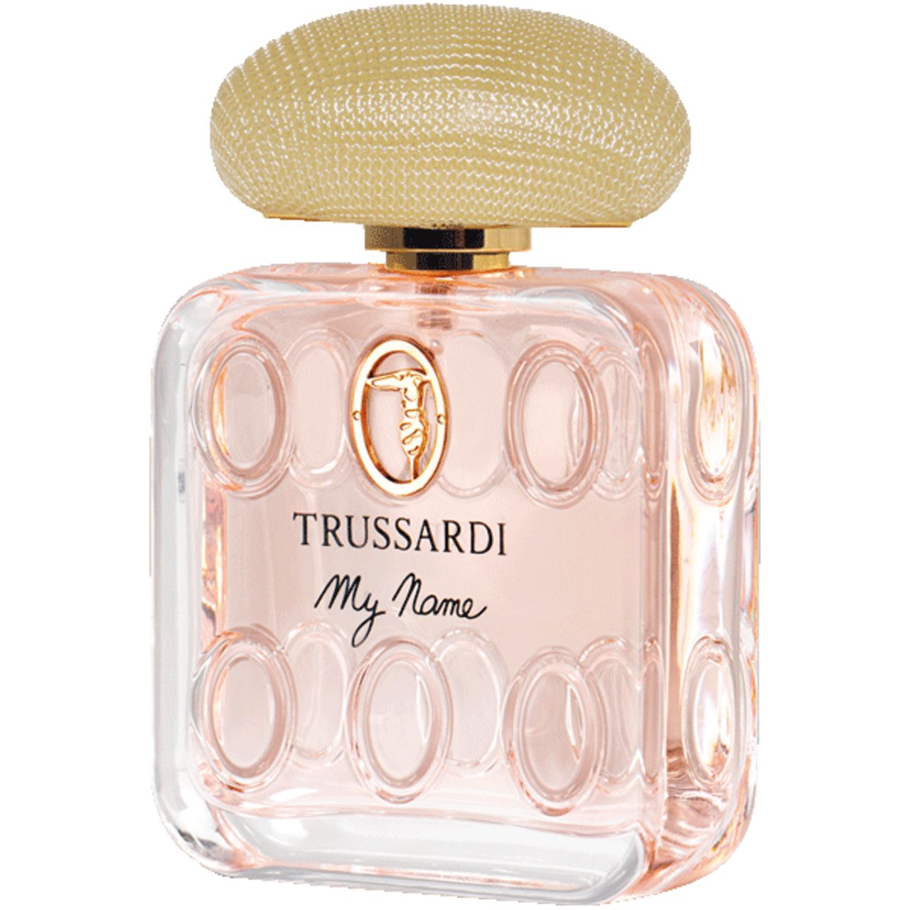 Flacone quadrato rosa con tappo dorato. Scritta: Trussardi My Name.