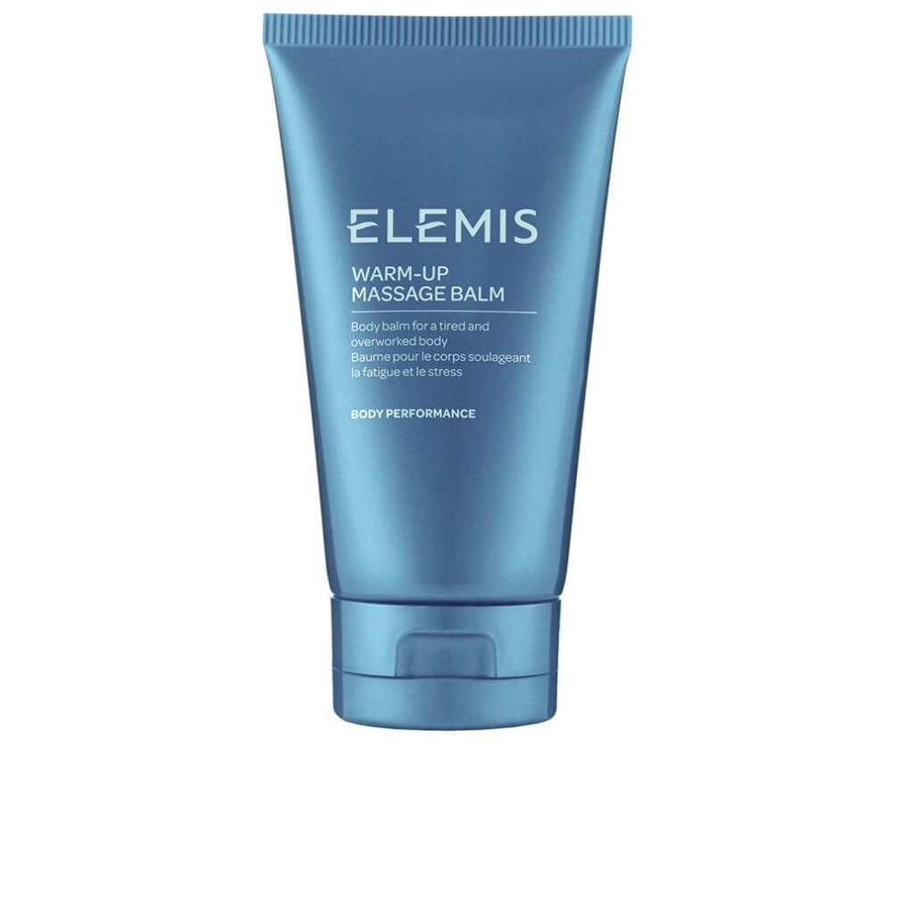 Tubo blu con scritta: Elemis, Warm-Up Massage Balm. Testo: Body balm for a tired and overworked body. Tappo a vite.