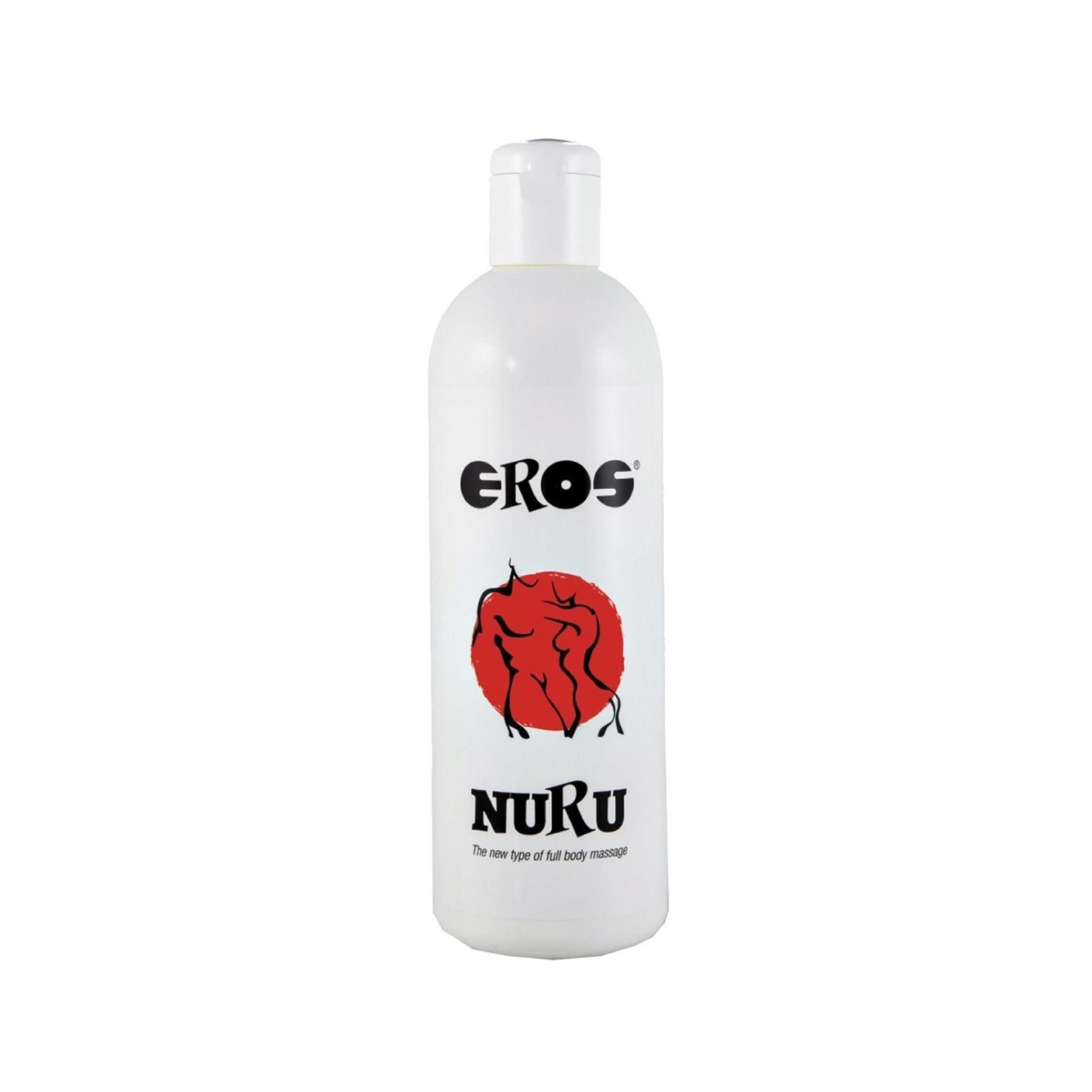 Flacone bianco con logo nero "EROS", cerchio rosso con figure e scritta "NURU". Testo: "The new type of full body massage".