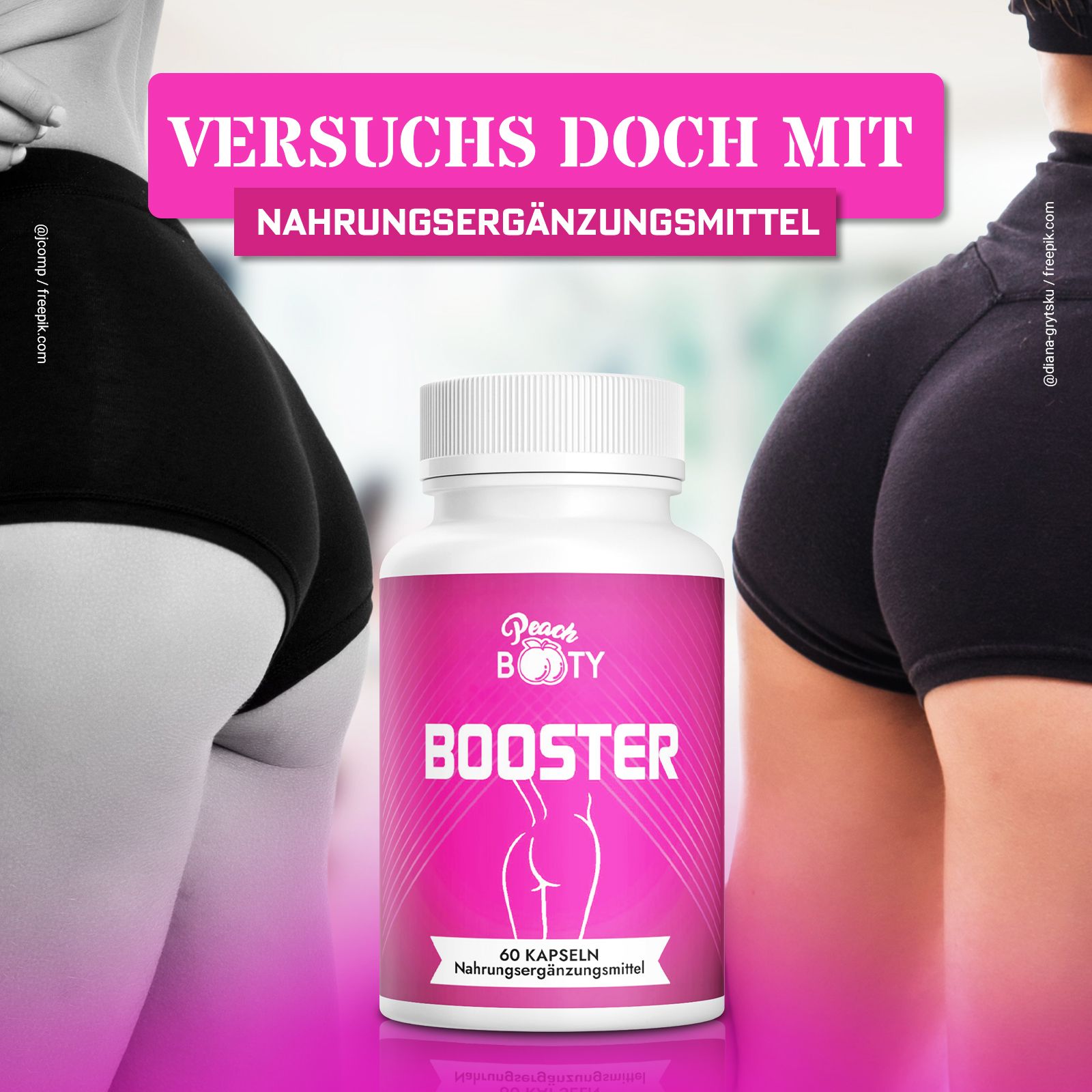 Flacone con capsule Peach Booty Booster, 60 pezzi. Integratore alimentare per i glutei.