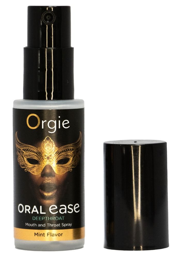 Flacone spray con tappo nero. Scritte: Orgie, ORAL ease, Mouth and Throat Spray, Mint Flavor. Tappo accanto.