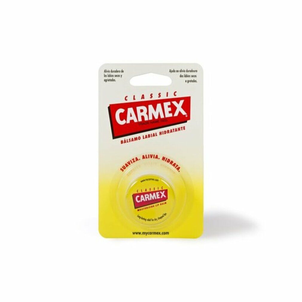 Confezione blister con vasetto rotondo. Sulla confezione è presente la scritta "Carmex Classic". Prodotto per labbra. Colori giallo e bianco.