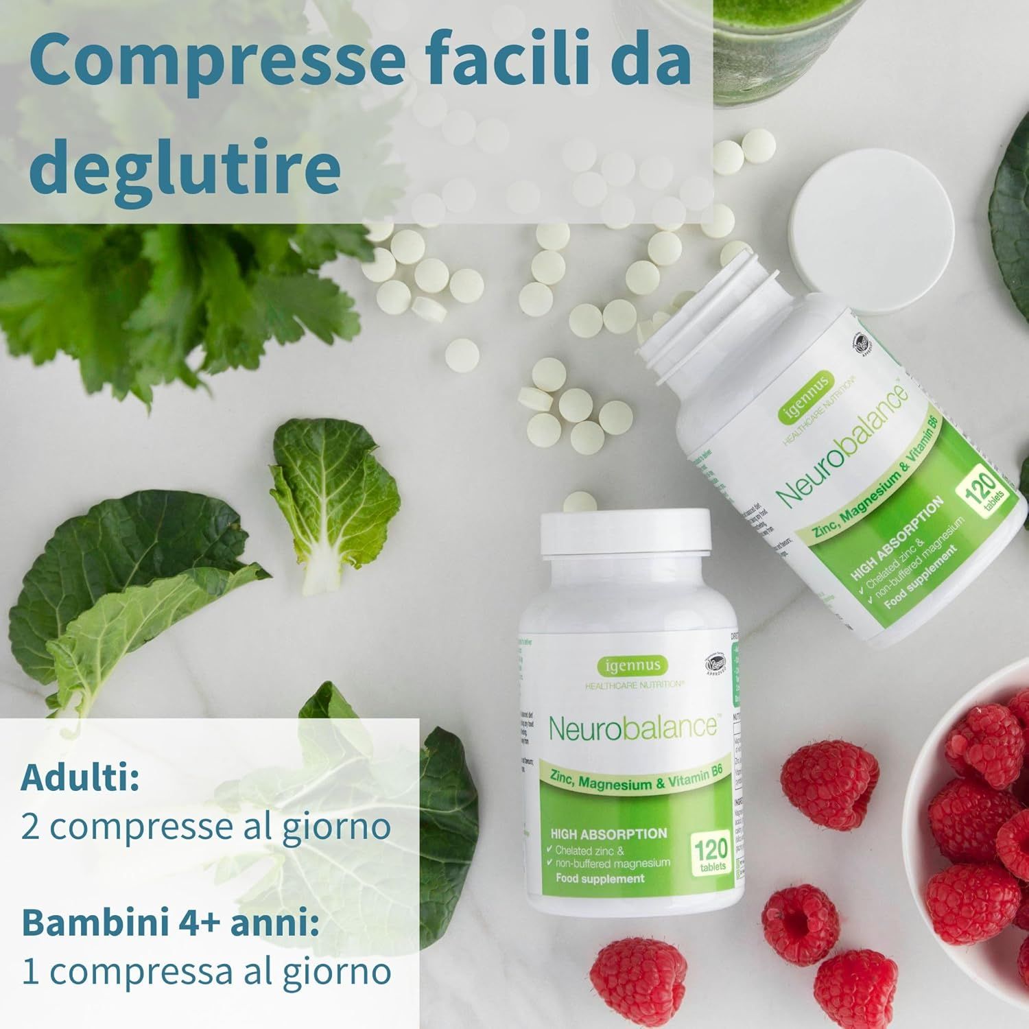 Due flaconi bianchi di compresse. Testo: Compresse facili da deglutire. Adulti: 2 compresse al giorno. Bambini 4+ anni: 1 compressa al giorno.