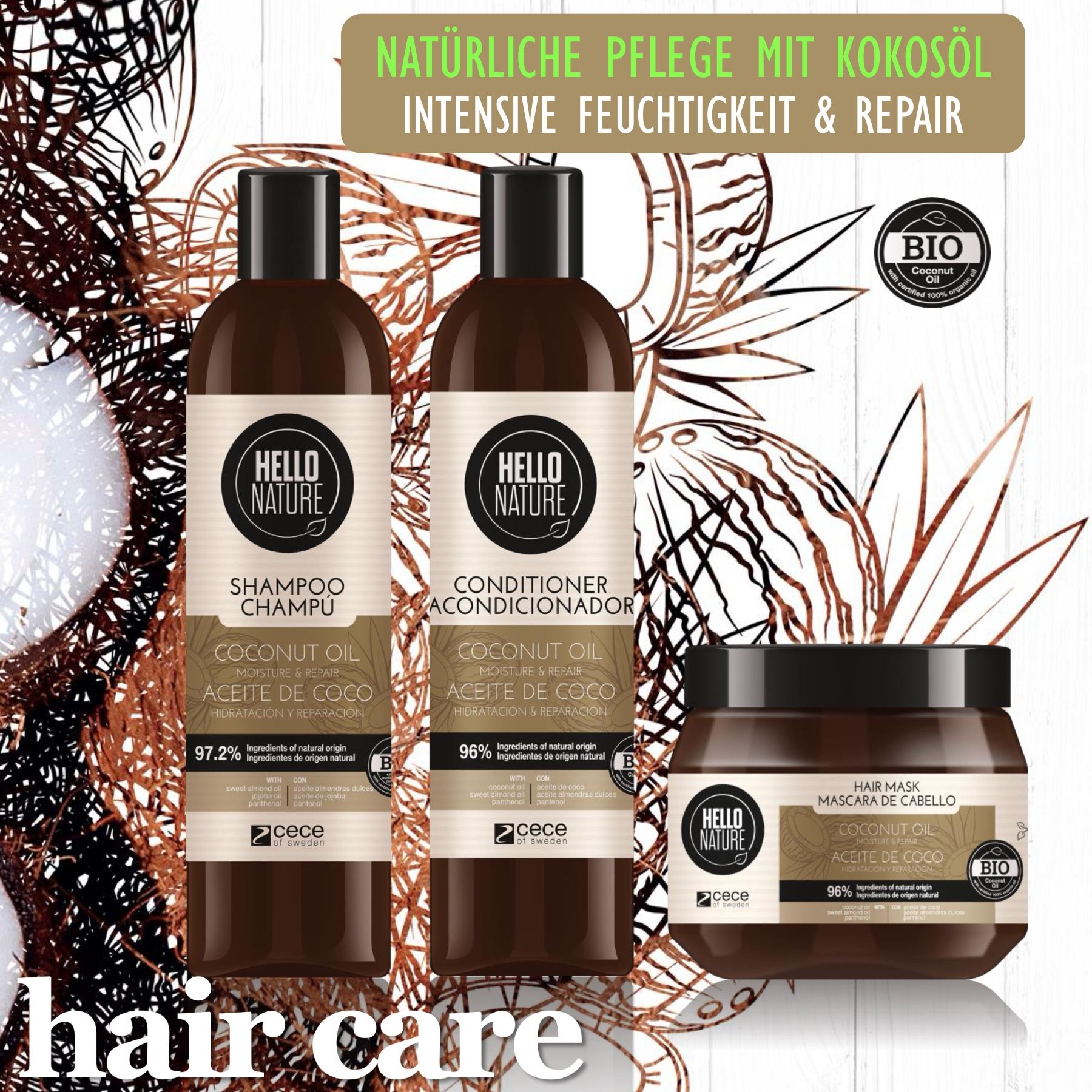 Tre bottiglie marroni e un vasetto. Scritta: Hello Nature, Shampoo, Conditioner, Maschera per capelli. Certificazione bio.