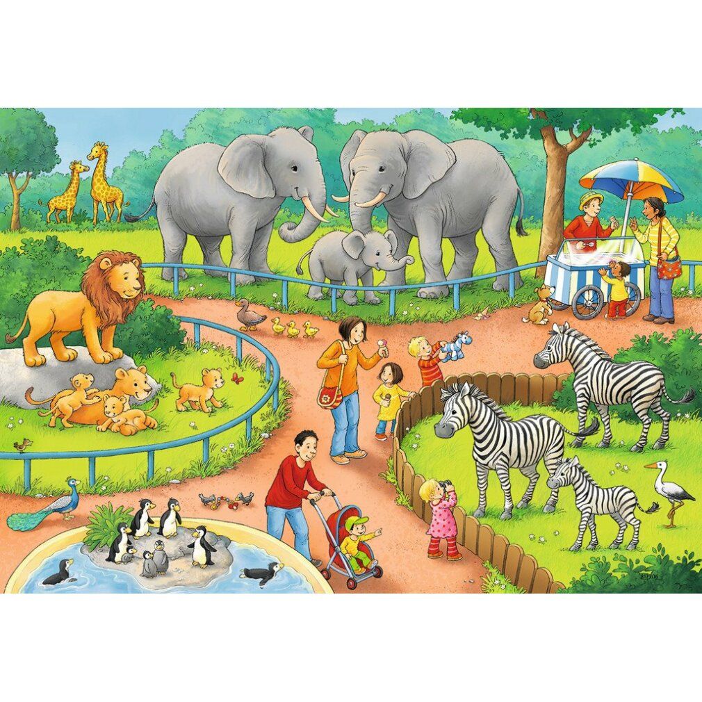 Illustrazione puzzle: scena dello zoo con elefanti, leoni, zebre, pinguini e persone. Passeggino, gelataio, recinzione.