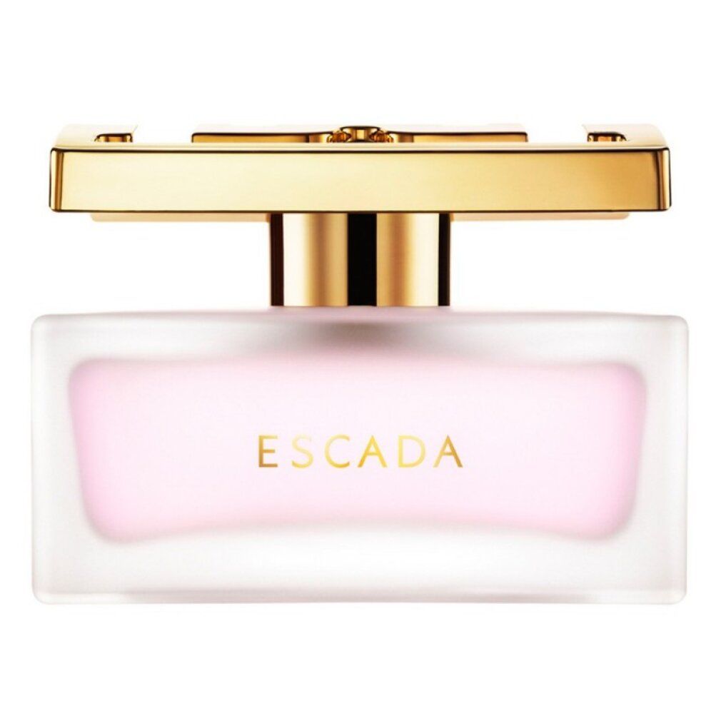 Vista frontale del flacone di Eau de Toilette Escada, tappo dorato, liquido rosa.