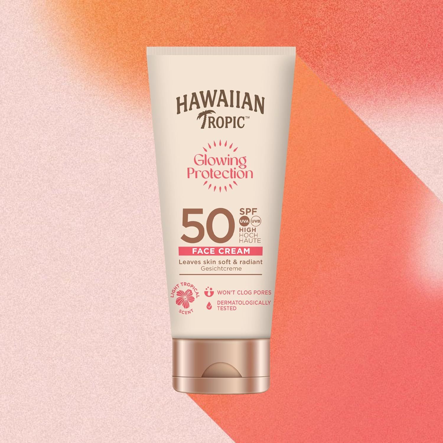 Tubo di crema solare. Marca: Hawaiian Tropic. SPF 50. Glowing Protection. Crema viso. Dermatologicamente testato.