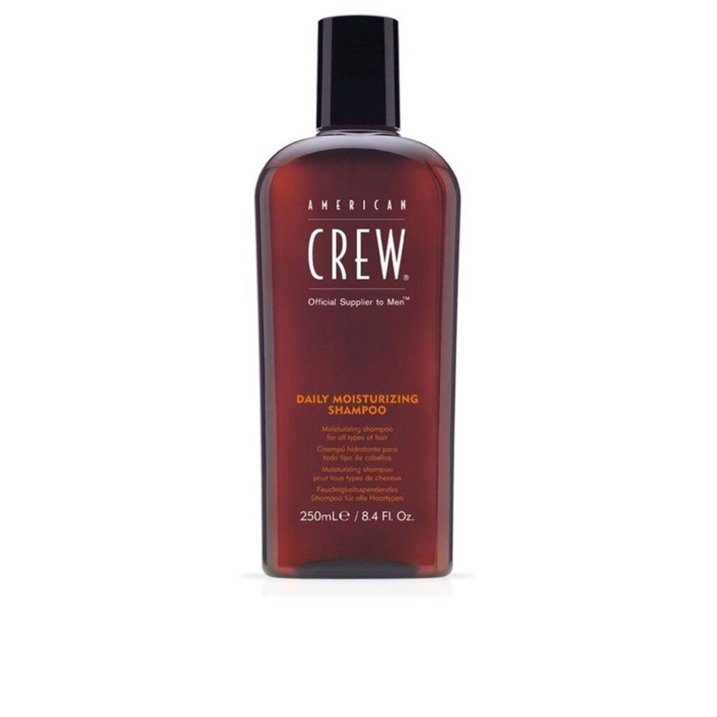 American Crew Daily Moisturizing Shampoo. Bottiglia marrone con tappo nero. Nome del prodotto e logo sul davanti.