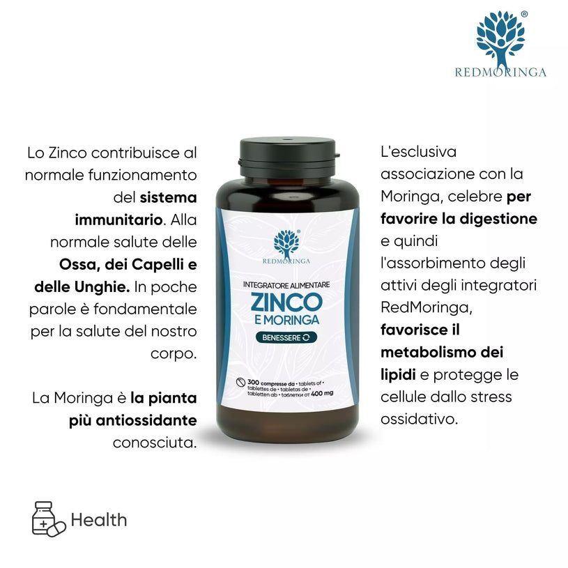 Flacone ZINCO E MORINGA. Testo: 300 Compresse. Testo su zinco e moringa. Logo: albero con foglie. Testo: Health.
