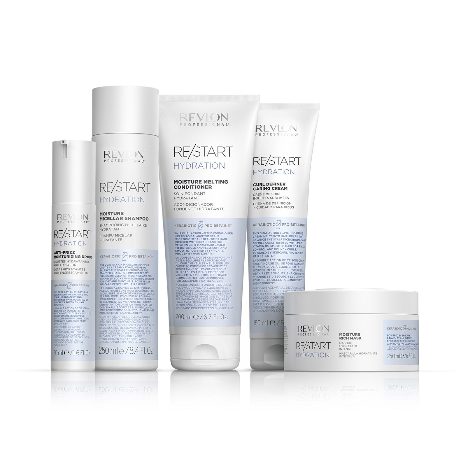 Cinque contenitori bianchi per prodotti. Scritta: RE/START Hydration. Diverse forme e dimensioni.
