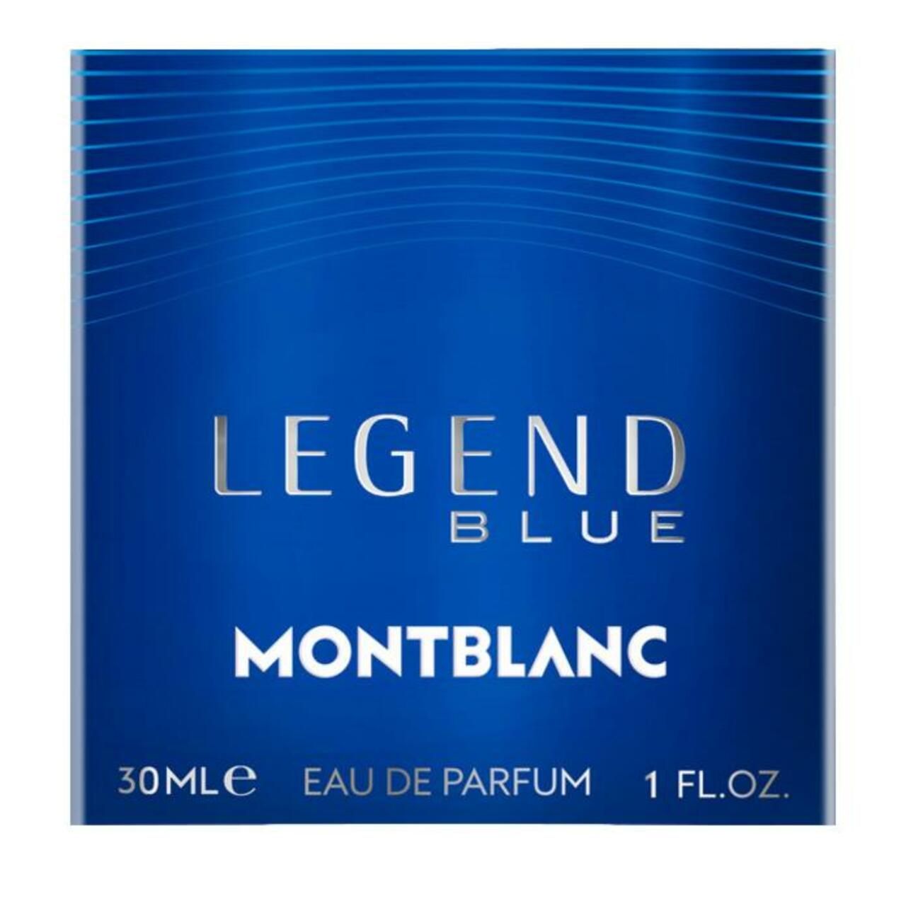 Scatola blu con scritta LEGEND BLUE e MONTBLANC. 30ml Eau de Parfum. 1 Fl.oz.