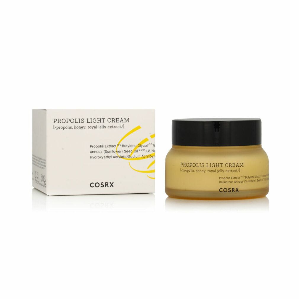 Vasetto di crema e scatola. Scritta: PROPOLIS LIGHT CREAM. Marchio: COSRX. Crema giallastra visibile.