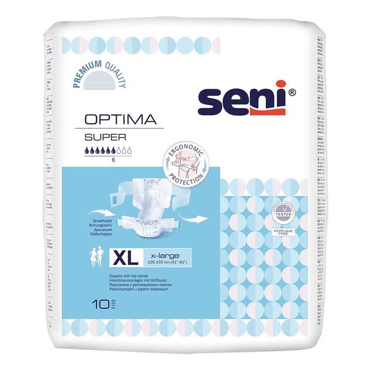 Confezione di prodotti per incontinenza Seni Optima Super XL. Nome del prodotto, livello di assorbenza e taglia indicati. 10 pezzi.