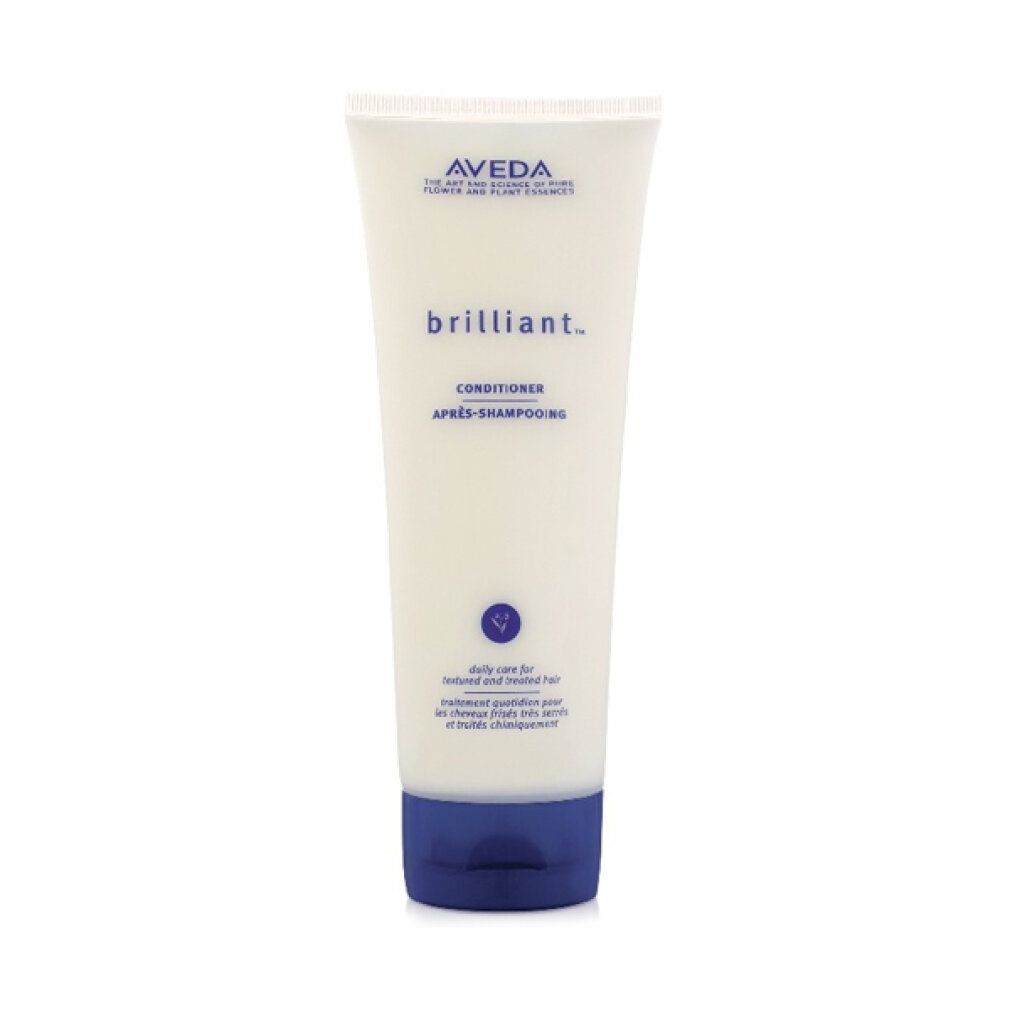 Tubo crema Aveda, nome prodotto "brilliant.". Testo: Conditioner, cura quotidiana per capelli colorati. Tappo blu.