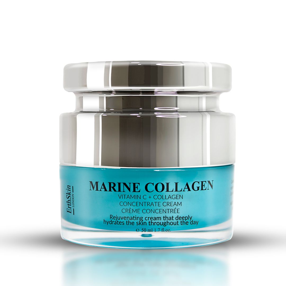 Vasetto di crema con coperchio argentato. Scritta: Marine Collagen, Vitamina C + Collagene, Crema concentrata. Crema turchese visibile.
