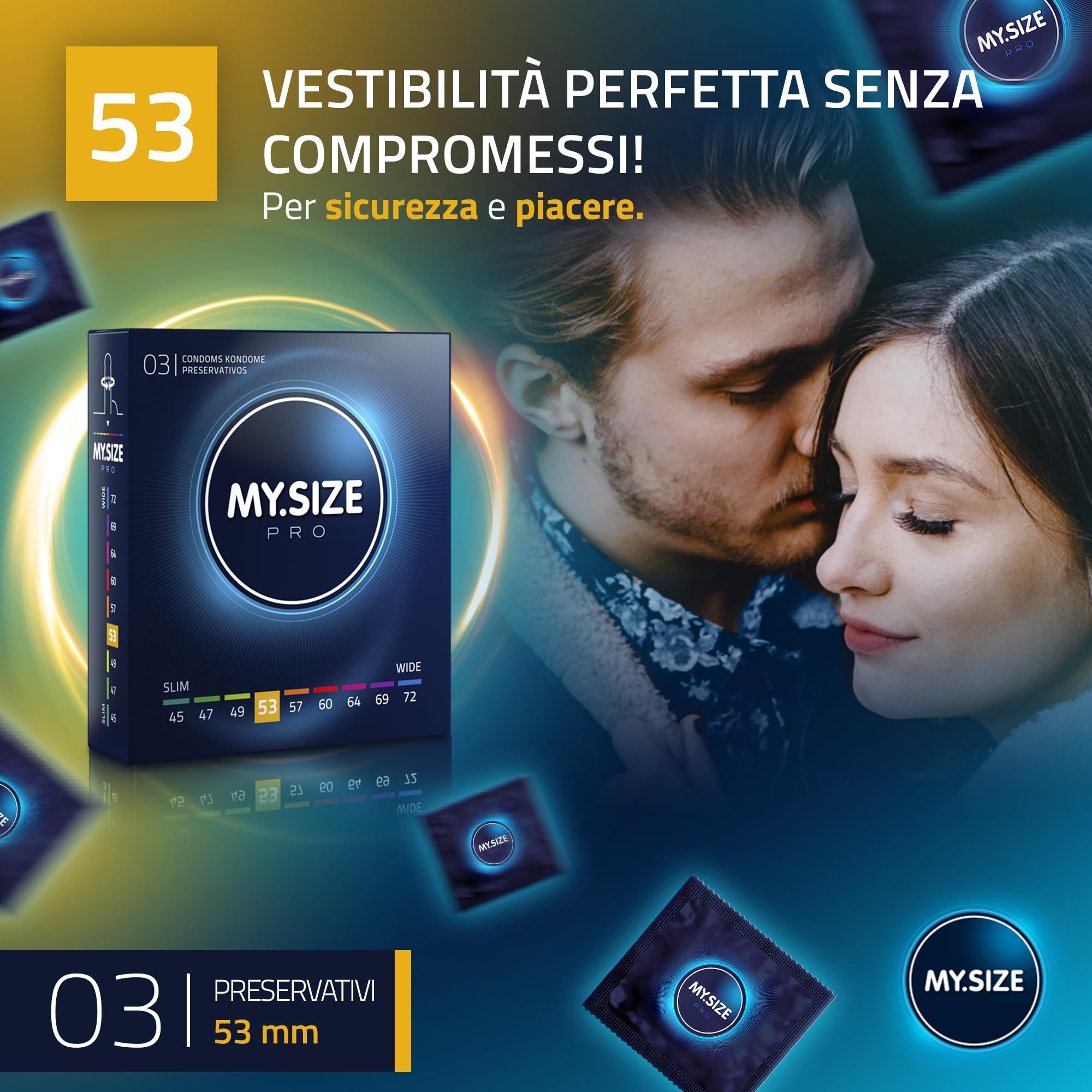 Confezione di preservativi My.Size PRO, 3 pezzi, larghezza 53mm.