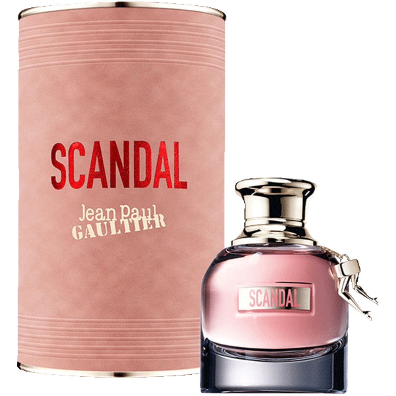 Scatola rosa e flacone. Scritta SCANDAL, Jean Paul Gaultier. Flacone con gambe.