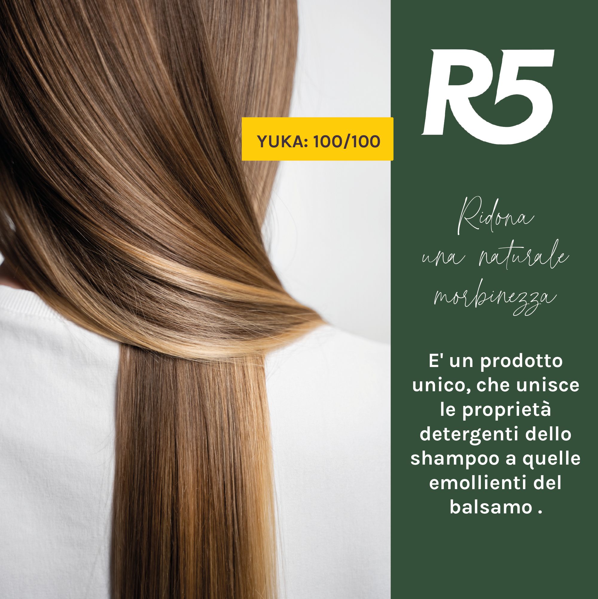 Shampoo R5 2-in-1 per una morbidezza naturale. Unisce le proprietà detergenti dello shampoo a quelle emollienti del balsamo. YUKA: 100/100.