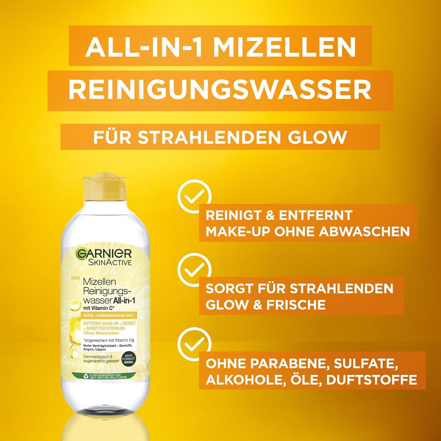 Acqua Micellare Garnier SkinActive All-in-1 con vitamina C. Flacone trasparente con tappo giallo. Testo.