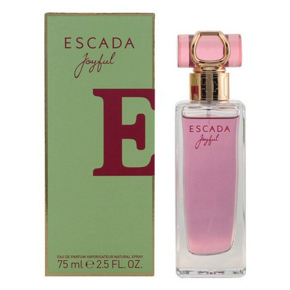 Flacone di profumo e scatola. Flacone rettangolare, liquido rosa, tappo rosa. Scatola verde, scritta Escada Joyful.