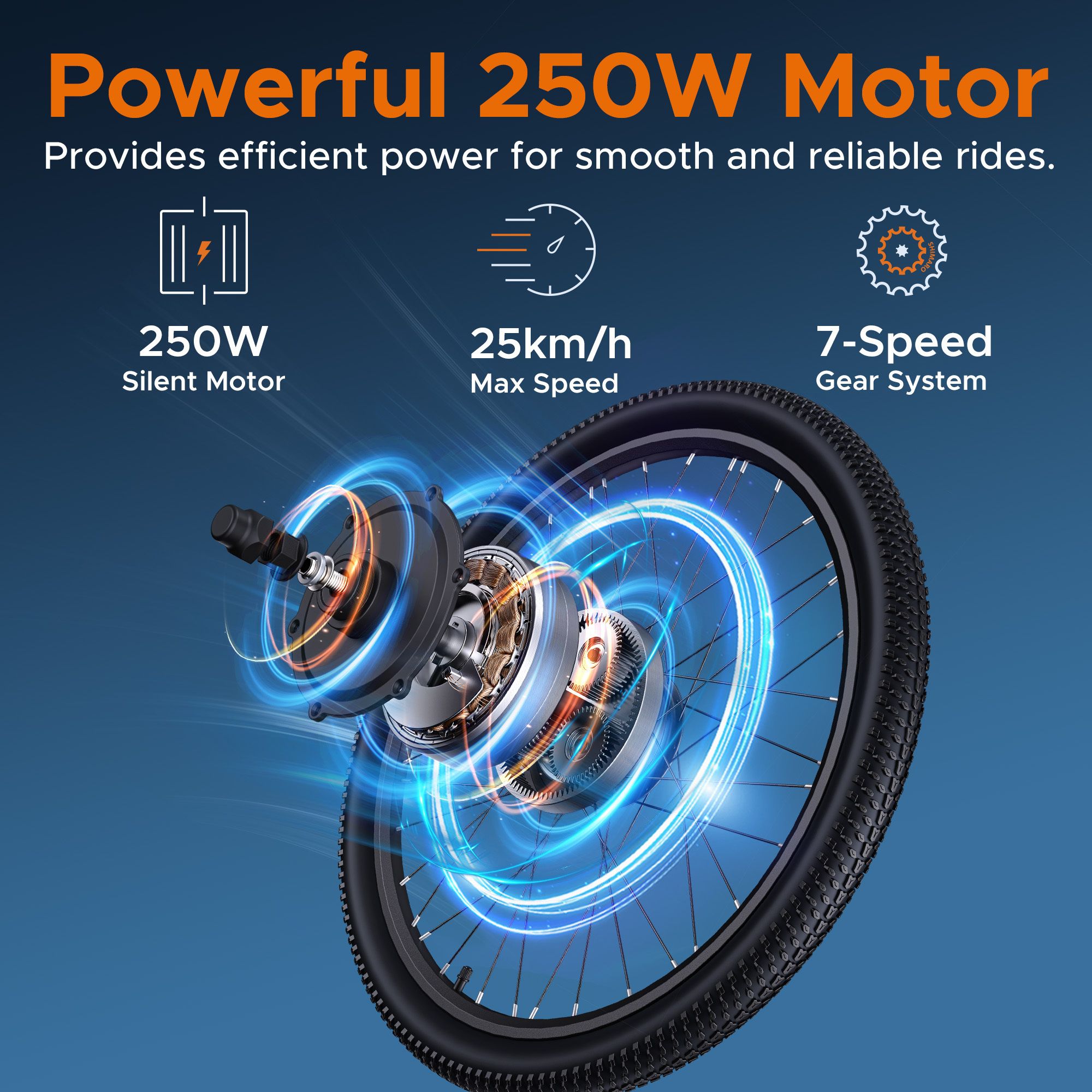 Grafica: Motore 250W, velocità max 25km/h, sistema a 7 velocità. Ruota e-bike con motore e ingranaggi. Elementi di design blu.