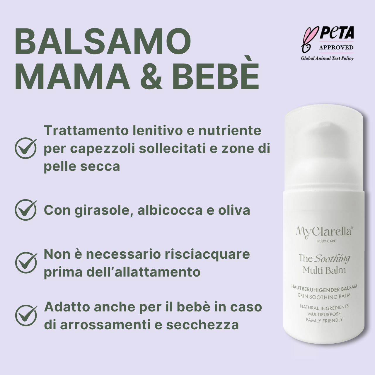Balsamo Mama & Bebè. Trattamento lenitivo per capezzoli sollecitati e zone di pelle secca. Con girasole, albicocca e oliva. PETA-Approved.