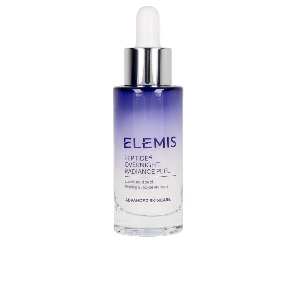 Flacone sfumato blu e bianco. Tappo argentato con pipetta. Testo: Elemis Peptide4 Overnight Radiance Peel.