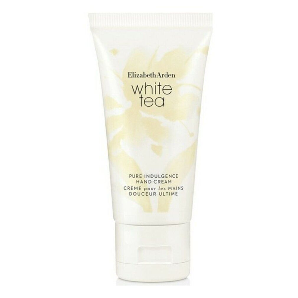 Tubo bianco di crema mani. Scritta: Elizabeth Arden White Tea, Pure Indulgence Hand Cream. Motivo floreale. Contenuto netto.