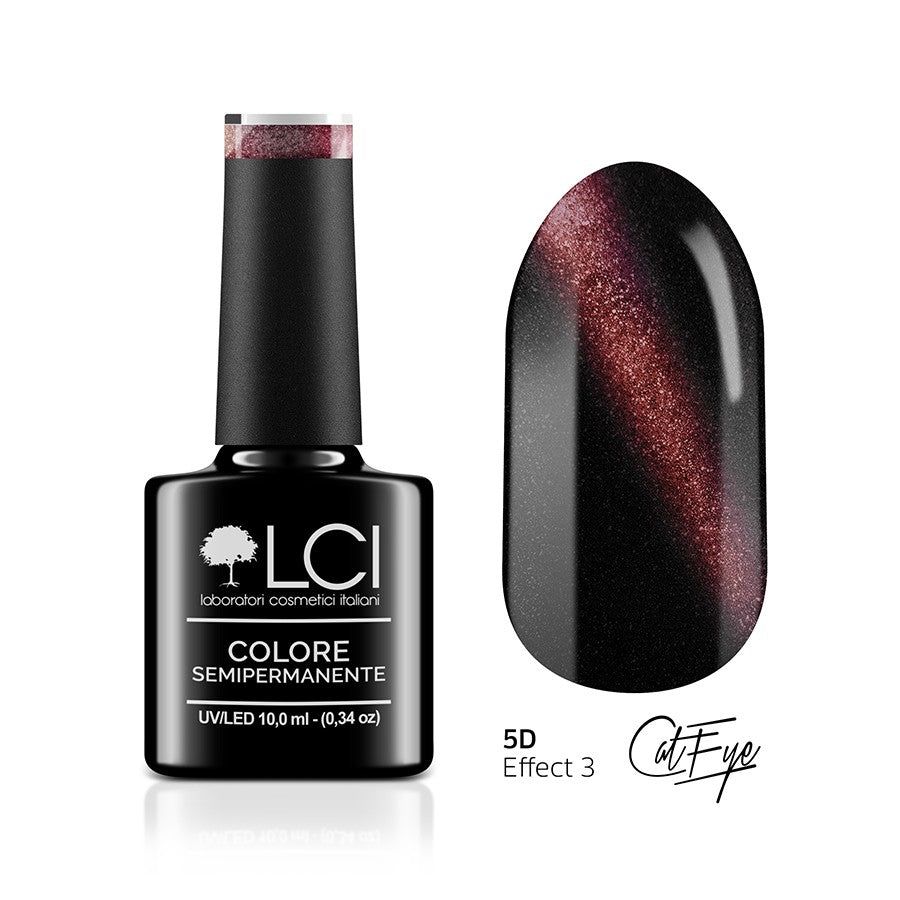 Flacone di smalto con tappo nero e campione. Scritta: LCI, COLORE SEMIPERMANENTE, UVLED 10,0 ml (0,34 oz).