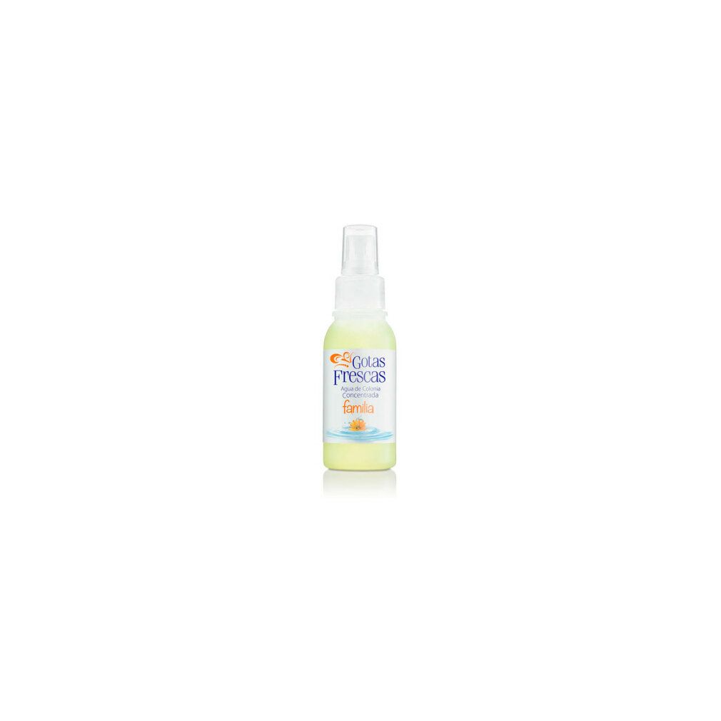 Flacone trasparente con vaporizzatore. Etichetta con logo e testo Gotas Frescas, Agua de Colonia Concentrada, familia. Liquido giallo visibile.