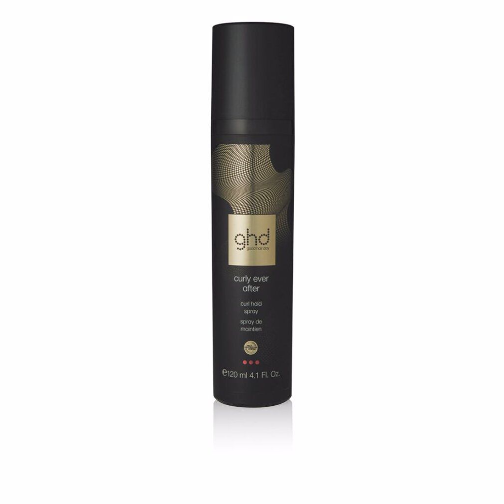 Flacone spray nero con scritta dorata "ghd curly ever after". Tappo nero. Scritta "120 ml 4.1 fl.oz".