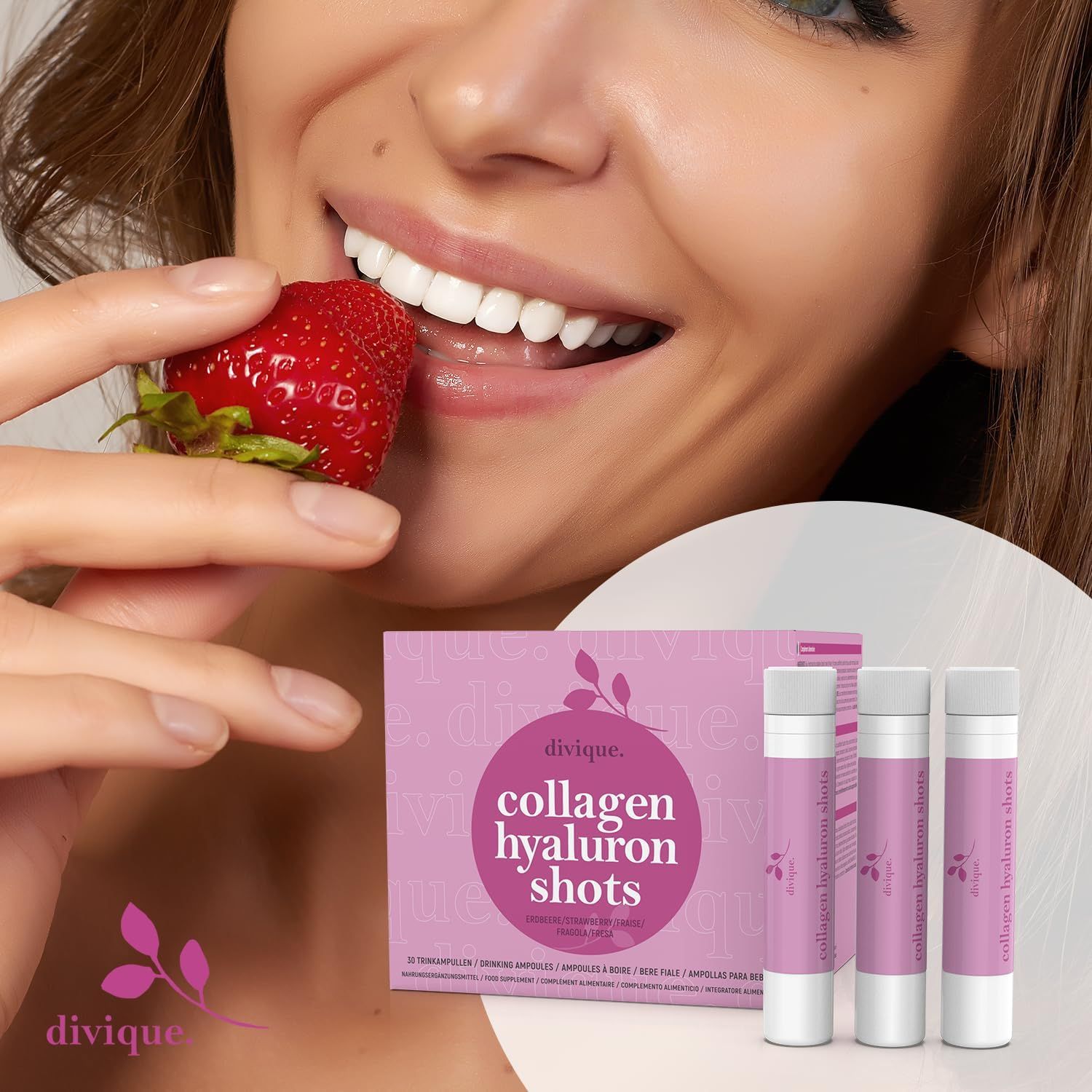 Donna mangia fragola. A destra: scatola e tre fiale da bere con etichetta rosa, testo: Collagen Hyaluron Shots.