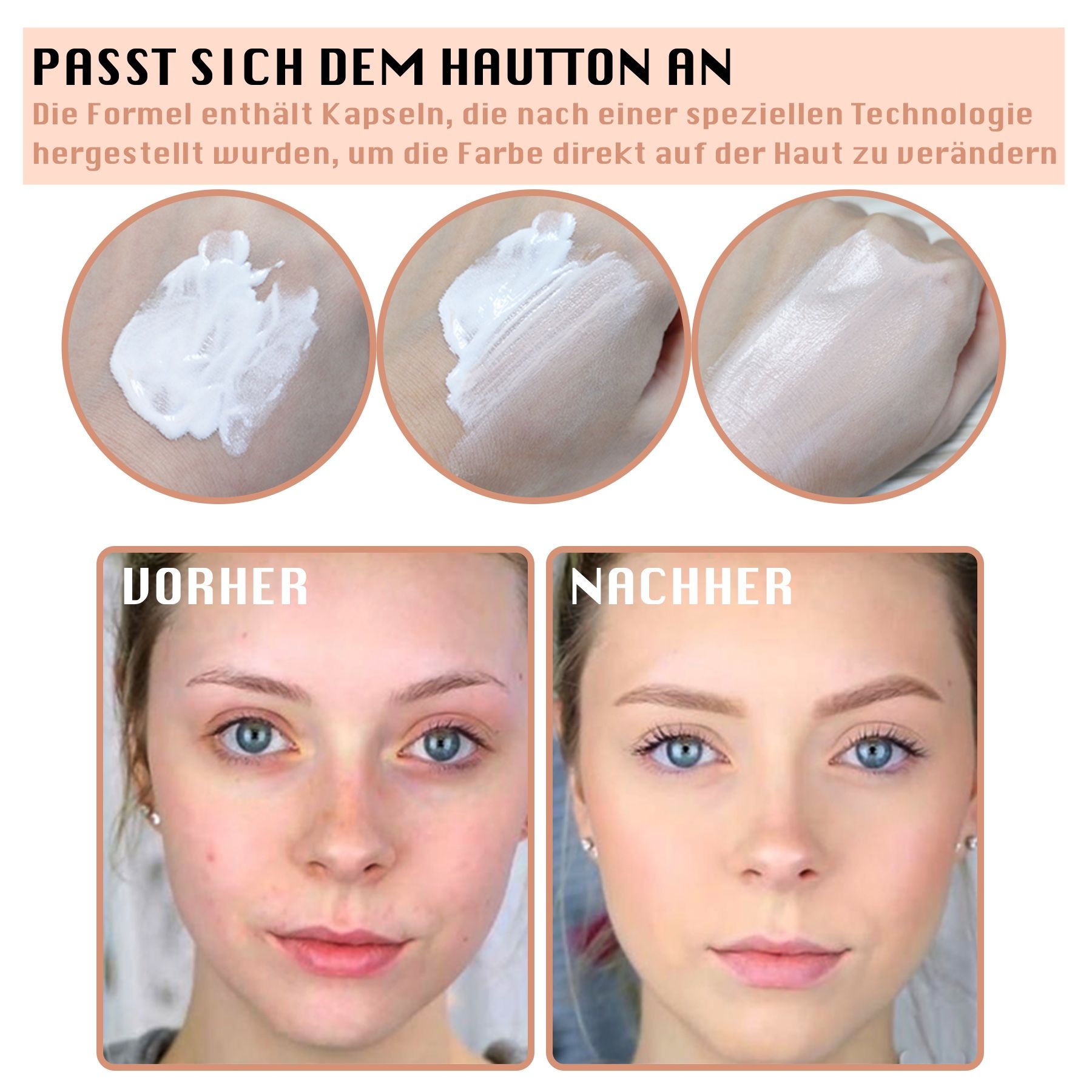 TLM Foundation Color Changing. Flacone. SPF 15. Effetto prima-dopo su mani e volti.