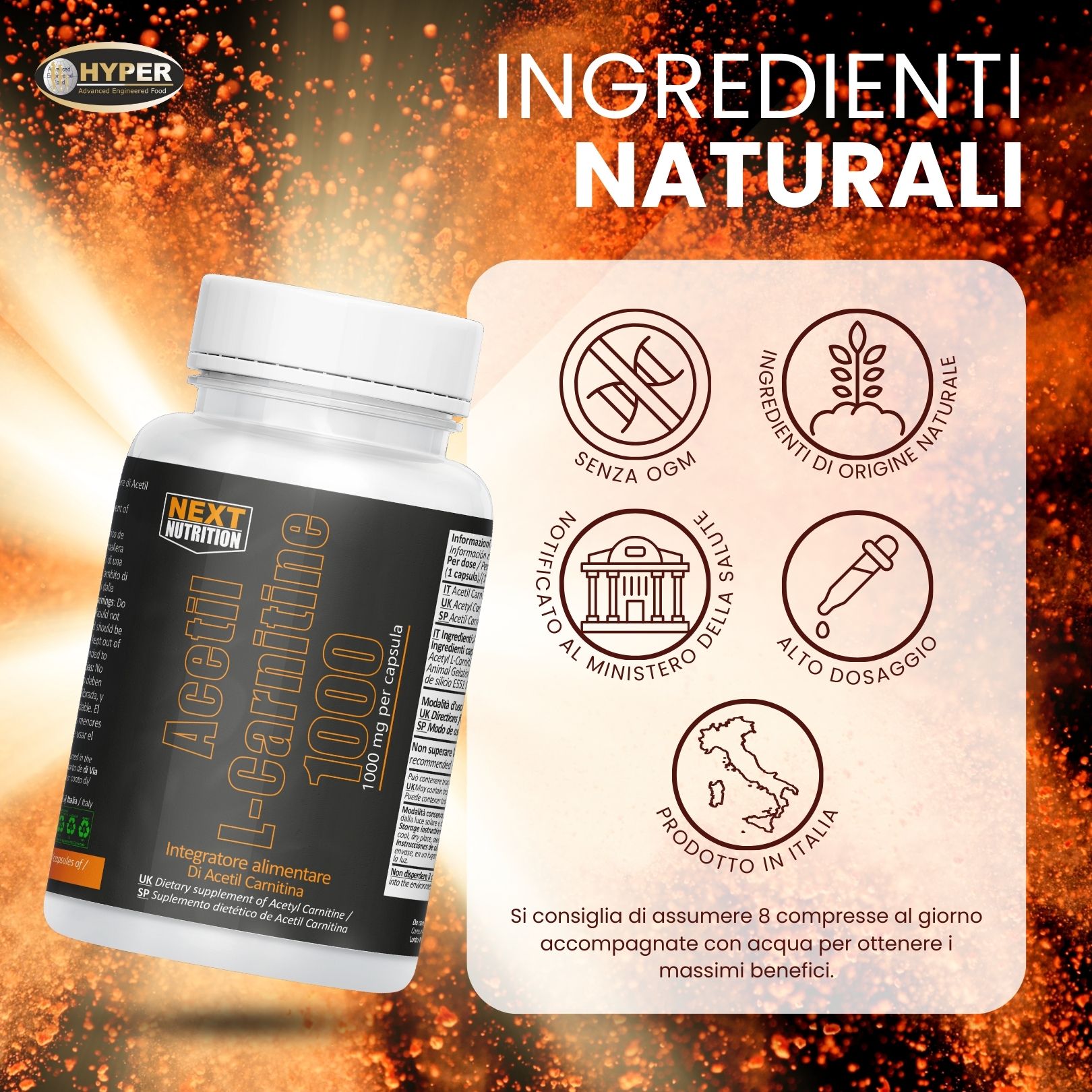 Flacone di Acetil L-Carnitina 1000 mg con sigilli per ingredienti naturali e Made in Italy.