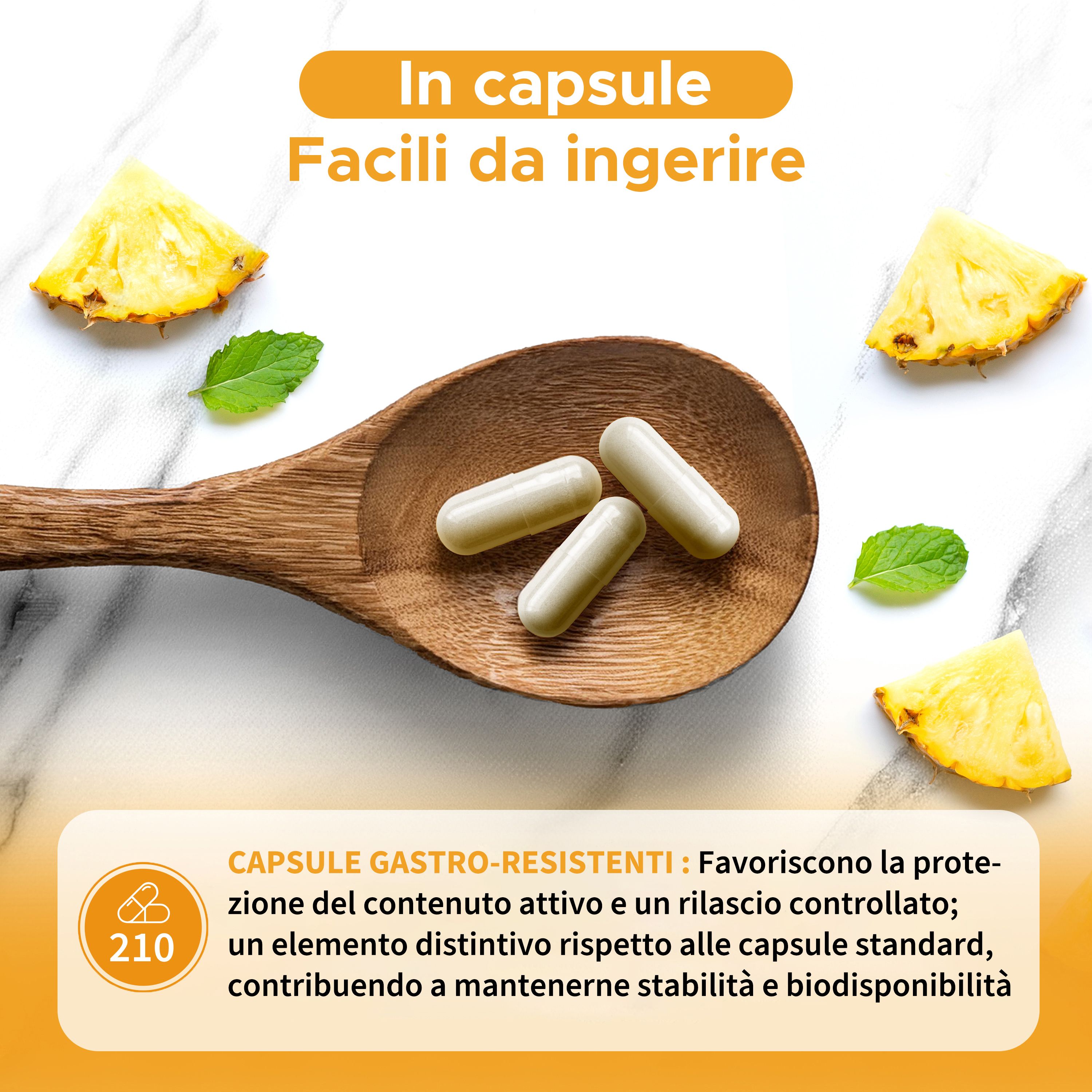 Tre capsule su cucchiaio di legno, circondate da pezzi di ananas e foglie di menta. "In capsule. Facili da ingerire."